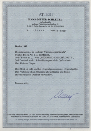 Berlin, 1949, Mi.- Nr.: Bl. 1 II, **, mit  Fotoattest Schlegel BPP! e+ ....! Kabinettstück!