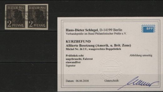 Bizone, 1948, Mi.- Nr.: 36 I U (2x), *, mit K.- Befund Schlegel BPP; echt und einwandfrei! Sehr selten!