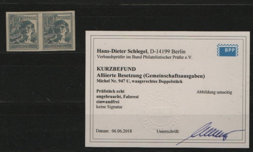 Kontrollrat, 1947, Mi.- Nr.: 947 U (2x), *, mit K.- Befund Schlegel BPP; echt und einwandfrei! Sehr selten!