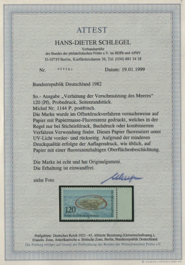 BRD, 1982, Mi.- Nrn.: 1144P vom SR, **, Fotoattest Schlegel BPP; echt + einwandfrei! Luxusstück!