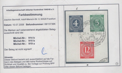 Allierte Besetzung / Kontrollrat, 1946, Mi.- Nr.: 914 b, u.a. auf Briefstück, Farbbefund Bernhöft ARGE! Luxusstück!