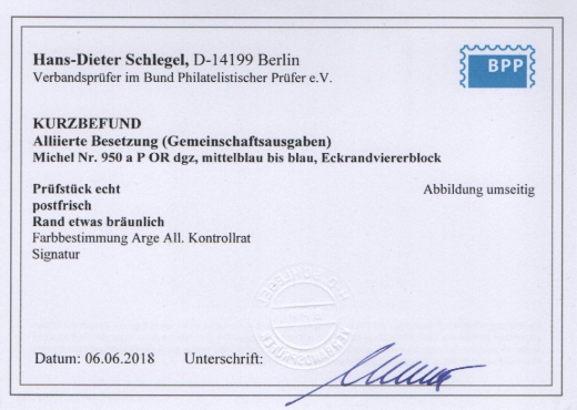 Kontrollrat, 1947, Mi.- Nr.: 950 a, ER- 4er- Block, POR dgz, **, Farbgeprüft Bernhöft / K.- Befund Schlegel BPP! Kabinettstück, sehr selten!