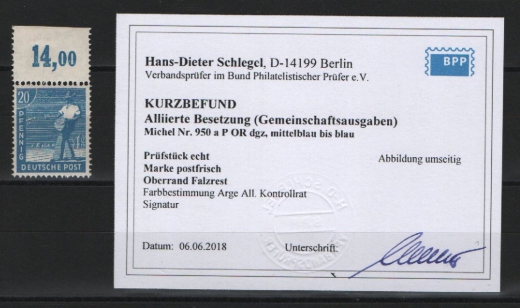 Kontrollrat, 1947, Mi.- Nr.: 950 a, POR dgz, **/ (Falz am OR), Farbgeprüft Bernhöft / K.- Befund Schlegel BPP! Kabinettstück, sehr selten!