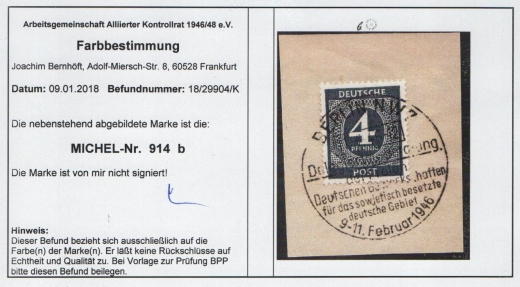 Allierte Besetzung / Kontrollrat, 1946, Mi.- Nr.: 914 b, u.a. auf Briefstück, Farbbefund Bernhöft ARGE! Luxusstück!