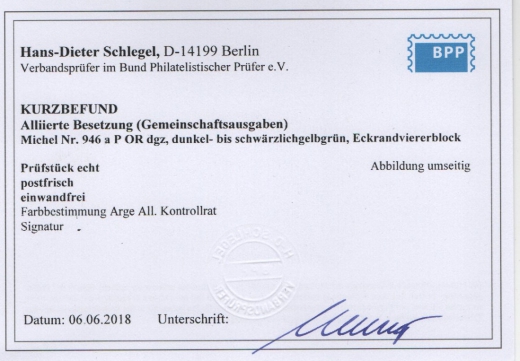 Kontrollrat, 1947, Mi.- Nr.: 946 a, ER- 4er- Block, POR dgz, **, Farbgeprüft Bernhöft / K.- Befund Schlegel BPP! Luxusstück, sehr selten!