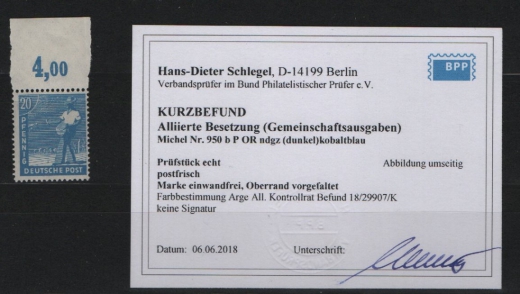 Kontrollrat, 1947, Mi.- Nr.: 950 b, POR ngz, **, Farb- Befund Bernhöft / K.- Befund Schlegel BPP: e + ....!! Sehr selten!