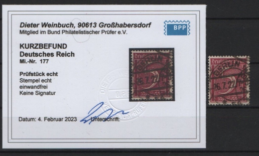 DR, Infla, 1921, Mi.- Nr.: 177, gestempelt, Luxusstück, akt. K.- Befund Weinbuch BPP: echt und einwandfrei! Selten!