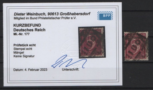 DR, Infla, 1921, Mi.- Nr.: 177, gestempelt, Bedarfsstück, akt. K.- Befund Weinbuch BPP: echt und ...! Selten!