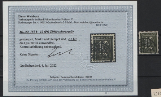 DR, Infla, 1921, Mi.- Nr.: 159 b, gestempelt, Luxusstück, akt. Befund Weinbuch BPP: echt und einwandfrei! Selten!