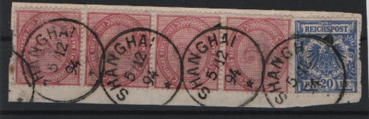 Dt. Auslandspostämter, China, 1894, Mi.- Nrn.: V37e (4x), V48d, als MiF auf Briefstück, geprüft Jäschke- L. BPP! Selten!