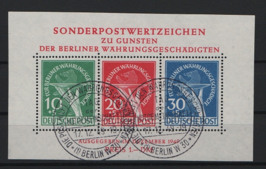 Berlin, 1949, Berlin Bl. 1, Der Währungsgeschädigten- Block, gestempelt (ESST!), tiefstgeprüft Schlegel BPP!