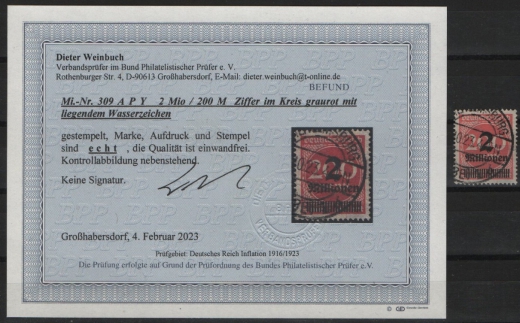 DR, Infla, 1923, Mi.- Nr.: 309 A P a Y, gestempelt, akt. Befund Weinbuch BPP: echt und einwandfrei! Luxusstück!