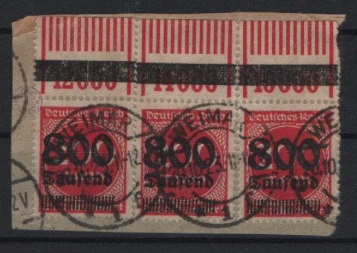 DR- Infla, Hochinflation, 1923, Mi.- Nr.: 303A OR OPD B (Erfurt), 3- er- Streifen auf Briefstück, geprüft Infla