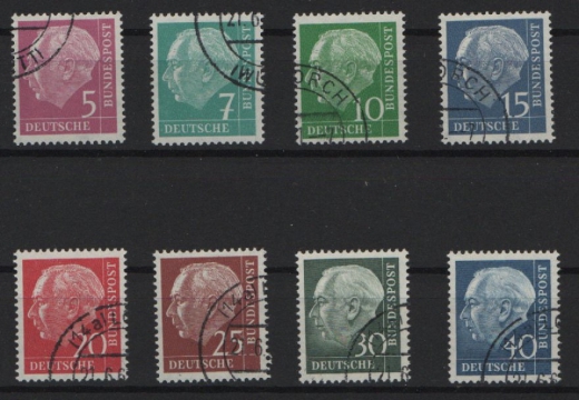 BRD, 1954/57, Mi.- Nrn.: 179- /-186y + 259- 60y, Der Heuss- Lumogensatz, gestempelt, je tiefgeprüft Schlegel BPP! Luxus!