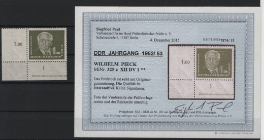 DDR, 1952, Mi.- Nr.: 325 z XII DV 1, **, Befund Paul BPP e+e! Luxusstück!