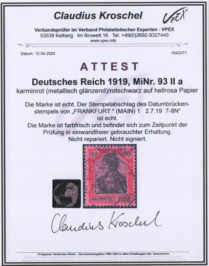 Dt. Kaiserreich, 1918, Mi.- Nr.: 93 IIa, gestempelt, mit Fotoattest Kroschel VPEX,  Echt und einwandfrei Luxusstück! Selten!