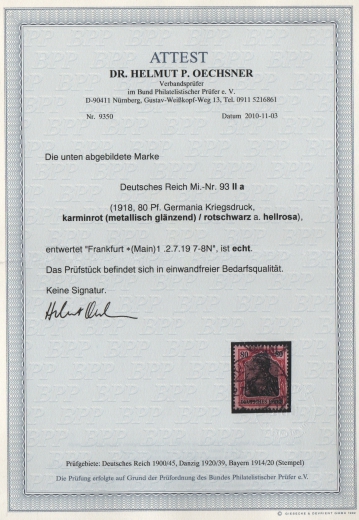 Dt. Kaiserreich, 1918, Mi.- Nr.: 93 IIa, gestempelt, mit Fotoattest Kroschel VPEX,  Echt und einwandfrei Luxusstück! Selten!