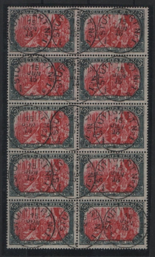 DR, Germania- Friedensdruck, 1915, Mi.- Nr.: 97AI, im senkr. 10er- Block, gestempelt, Luxusqualität! Showstück!