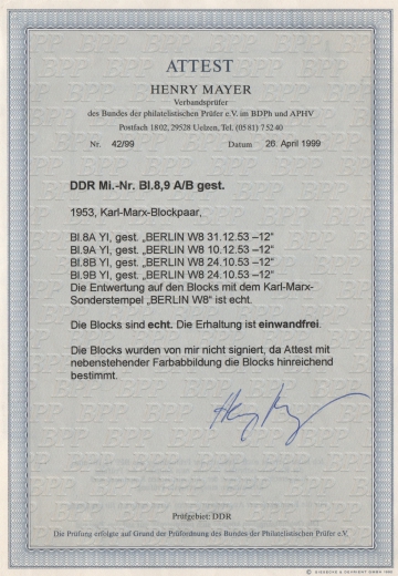 DDR, 1953, Mi.- Nrn.: Bl. 8/9 A/B, gestempelt, Fotoattest Meyer BPP: echt + einwandfrei! Je mit passendem Sonderstempel!