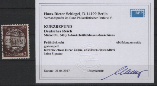 III. Reich, 1934, Mi.- Nr.: 540 y b, gestempelt, K.- Befund Schlegel BPP; echt und ....! Gutes Bedarfsstück!