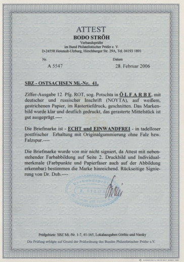 Ost- Sachsen, 1945, Mi.- Nr.: BI b (ex 41), sogenannte Potschta, **, Fotoattest Ströh BPP: echt + e! Luxusstück!