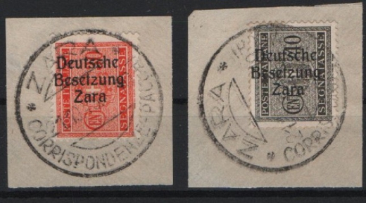 III. Reich, Dt. Bes. II. WK, Zara, 1943, Mi.- Nr.: Portomarken 5 + 6, auf Briefstk., je tiefgeprüft Brunel BPP, Kabinettstücke! Selten!