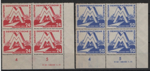 DDR, 1951, Mi.- Nrn.: 282- 83 (je 4er- Block, mit DV, 282 mit FZL!), **, Qualitätsstücke!