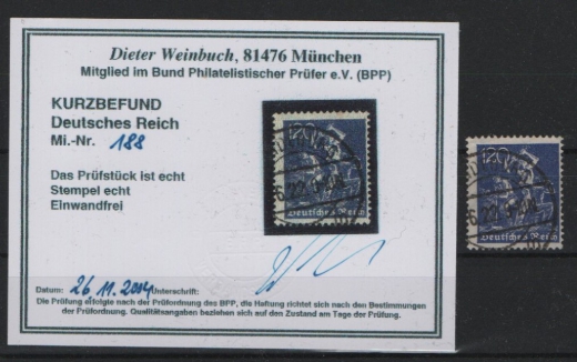 DR, Infla, 1922, Mi.- Nr.: 188, gestempelt, Luxusstück, K.- Befund Weinbuch BPP: echt und einwandfrei! Selten!