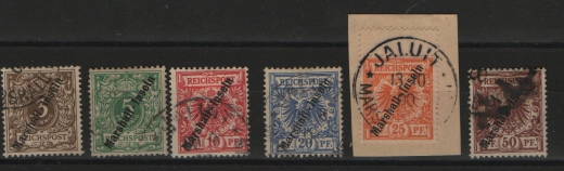 Dt. Kolonien, Marshall- Inseln, ca. 1900, Mi.- Nrn.: 7- 12, gestempelt, Mi.- Nr.: 11 signiert, Kabinettsatz