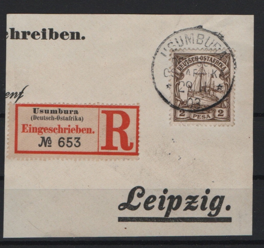 Dt. Kolonien, DOA, 1903, Mi.- Nr.: 11 auf gr. Briefstück mit R.- Zettel, Stempel USUMBURA, dekoratv!