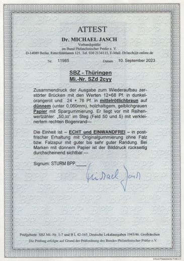Thüringen, 1946, SZd Mi.- Nr.: 2 c yy, **, mit Fotoattest Dr. Jasch BPP, echt und einwandfrei!