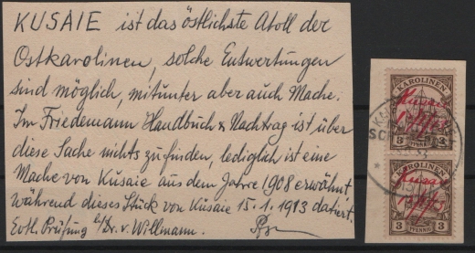 Dt. Kolonien, Karolinen, 1913, Mi.- Nr.: 7 (2x) auf Briefstück mit MSP- Stempel Nr. 8, + handschr. Entwertung!!! Sehr selten!