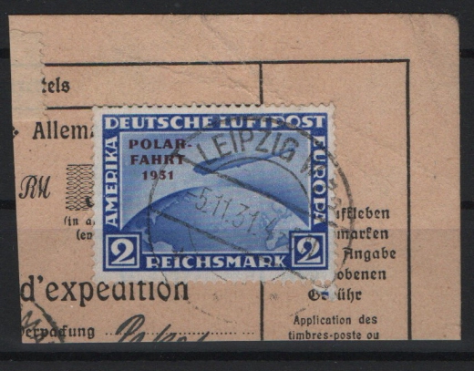 DR / Weimar, 1931, Mi.- Nrn.: 457, 2 Mk. Polarfahrt, gestempelt, auf Paketkartenabschnitt! Gutes Bedarfsstück! Selten!