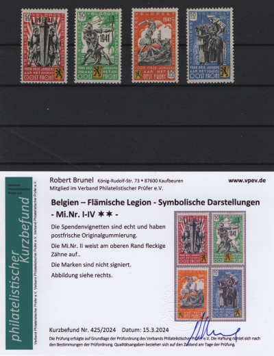 Spendenvignetten, Belgien, Flämische Legion 1941, Mi.- Nrn.: I- IV, **, Befund Brunel VPEV, in Kabinettqualität! Selten!