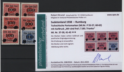 III. Reich, Dt. Bes., Sudetenland- Rumburg, 1938, Mi.- Nr.: 37- 39, 41- 43, **, Befund Brunel VPEV: e+e! Luxusstücke!