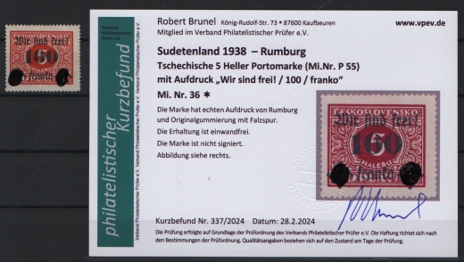 III. Reich, Dt. Bes., Sudetenland- Rumburg, 1938, Mi.- Nr.: 36, *, Befund Brunel VPEV: e+e! Kabinettstück!