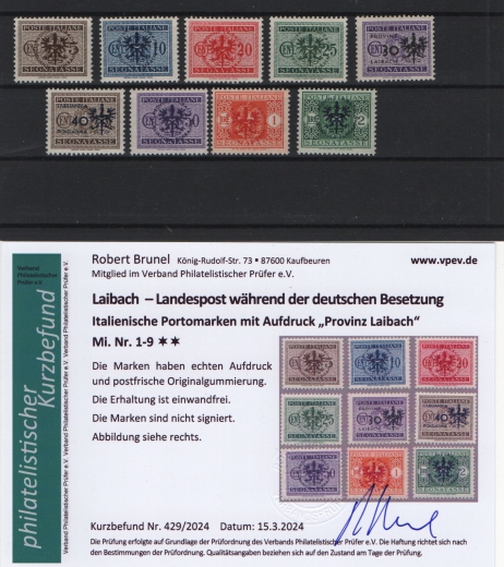 III. Reich, Dt. Bes. II. WK., Laibach, 1944, Portomarken Mi.- Nrn.: 1- 9, **, Befund Brunel VPEV: e+e! Luxussatz!