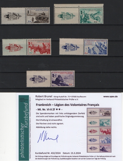 Spendenvignetten / Private Ausgaben, 1942, Mi.- Nrn.: VI- X, je + Zf links, **, Befund Brunel VPEV: e+e! Luxussatz!