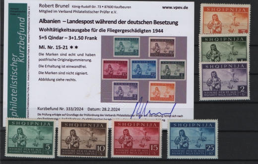 III. Reich, Dt. Bes. II. WK, Albanien, 1944, Mi.- Nr.: 15- 21, **, Befund Brunel VPEV: e+e! Luxussatz!
