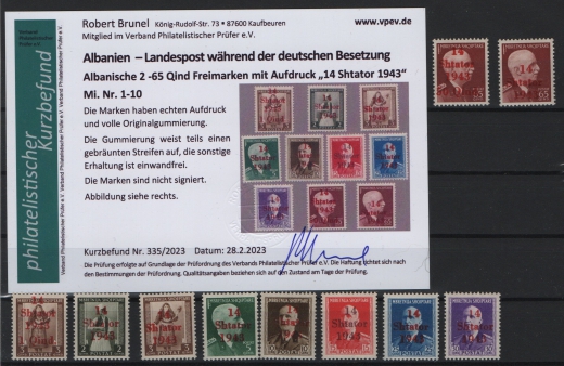III. Reich, Dt. Bes. II. WK, Albanien, 1943, Mi.- Nr.: 1- 10, **, Befund Brunel VPEV: e+e! Kabinett- Kurzsatz!