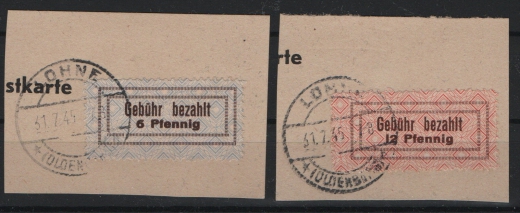 Lockalausgaben, West, 1945, Lohne, Mi.- Nr.: 1 + 2, je auf Briefstück, seltene Ausgabe!