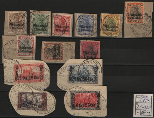 Dt. Auslandspostämter, Marokko, 1905, Mi.- Nrn.: 21- 33A , gestempelt, je auf Briefstück,! Selten!