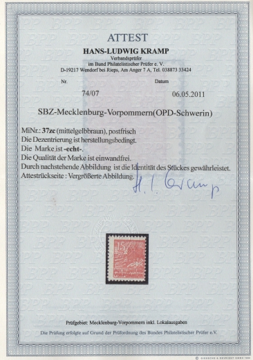 MVP, 1946, Mi.- Nr.: 37 z c, **, Fotoattest Kramp BPP: echt + einwandfrei Top- Rarität!