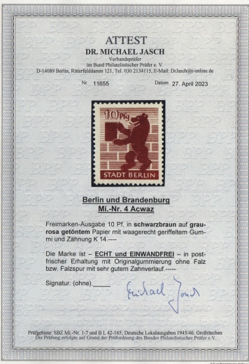 SBZ, Berlin- Brandenburg, 1945, Mi.- Nr.: 4 Acwaz, **, aktuelles Fotoattest Dr. Jasch BPP: echt und einwandfrei! Rarität
