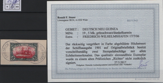 Dt. Kolonien, DNG, 1900 / 1901, Mi.- Nr.: 19, auf Briefstück! F.- Befund Steuer BPP: e+e! Schön und selten!