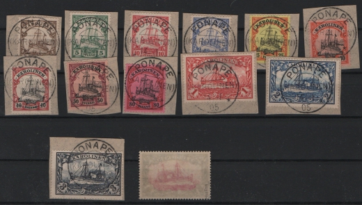 Dt. Kolonien, Karolinen, 1900, Mi.- Nrn.: 7- 19, auf Briefstücken / gestempelt! Mi.- Nr.: 19 tiefstgeprüft Jäschke- L. BPP! Selten!