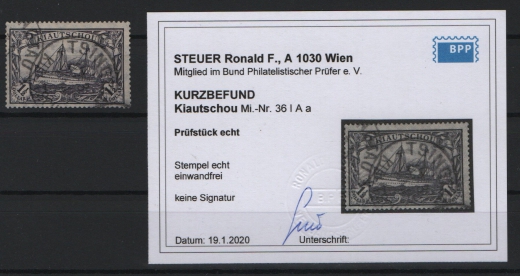 Dt. Kolonien, Kiautschou, 1905, Mi.- Nr.: 36 AIa, gestempelt! KB Steuer BPP: e+e! Selten!