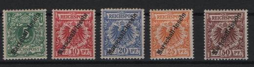 Dt. Kolonien, Marshall- Inseln, 1899, Mi.- Nrn.: 2 II- 6 II, *, 5 II + 6 II signiert / kl. Eigentümerzeichen! Selten!