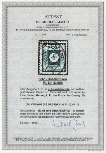 SBZ, Ost- Sachsen, 1945, Mi.- Nr.: 43 DIIb, gestempelt, aktuelles Fotoattest Dr. Jasch BPP: echt und einwandfrei!