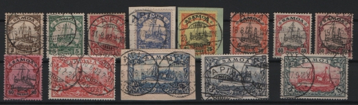 Dt. Kolonien, Samoa, 1900, Mi.- Nrn.: 7- 19, gestempelt, Mi.- Nrn.: 12- 18 je gepr. / signiert (meist BPP) Nr.: 19 mit FA e+e BPP! Sehr selten!